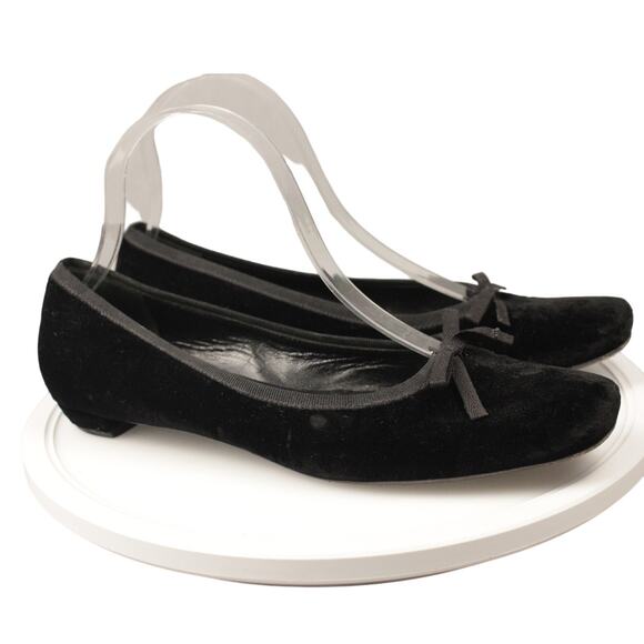 PRADA Women's 36.5 EU/6.5 US Velvet Ballet Flats Black Bow Italy Vero Cuoio - Picture 2 of 14